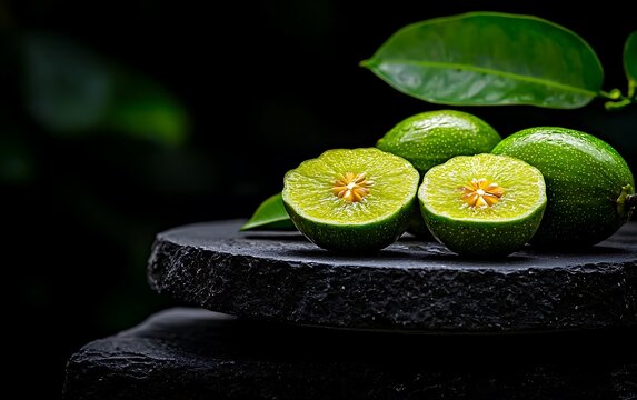 Freshly cut limes on dark stone