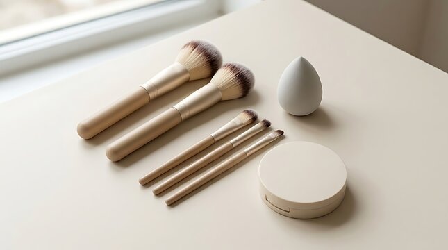 Set of professional makeup brushes and cosmetic sponge with compact powder on a neutral table. foundation brush pack