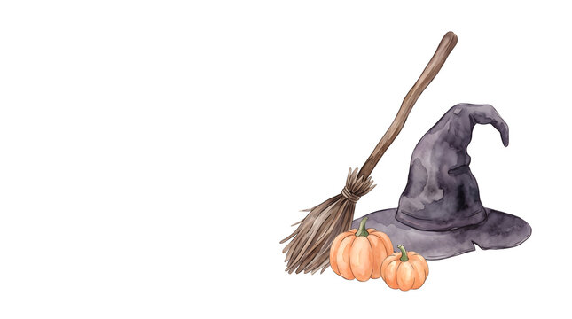 Watercolor Witch Hat Broom and Mini Pumpkins Halloween Background with Copy Space