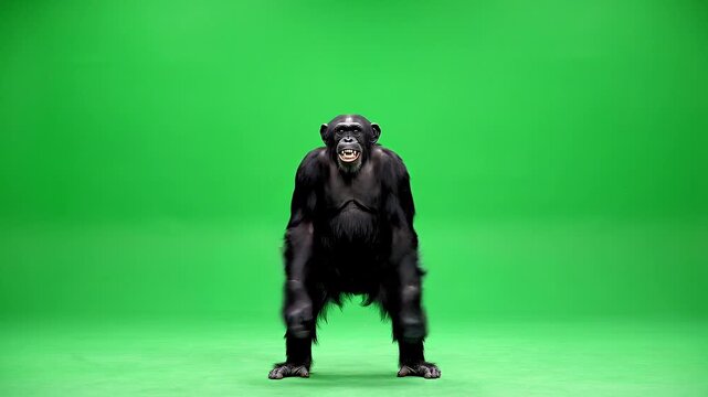 Funny Chimpanzee Dancing and Raising Arms Against a Vibrant Green Screen Background