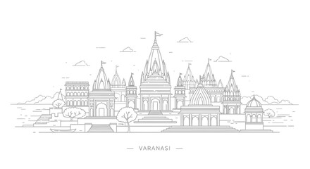 Fototapeta premium Varanasi Skyline Outline - Iconic Indian City Architecture and Ganges River