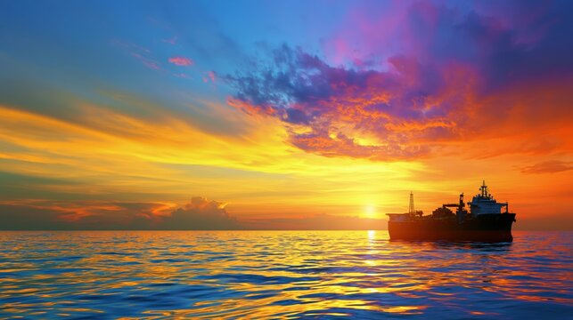 Floating oil production vessel at sea during vibrant sunset