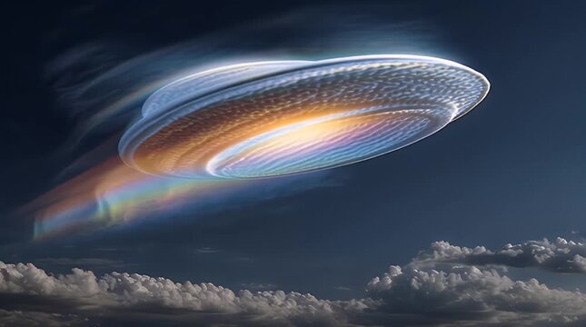 Futuristic UFOshaped Cloud with Rainbow Reflection in Sky