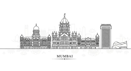 Fototapeta premium Mumbai Skyline Outline Drawing - Iconic Indian Architecture