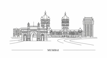 Fototapeta premium Mumbai Skyline Line Art: Historic Gateway and Grand Architecture