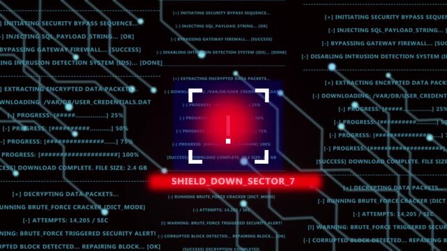 Cyber security breach alert system displaying critical system failure and shield down warning with complex data streams, binary code, and digital network circuitry background, for tech projects