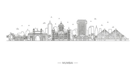 Naklejka premium Mumbai Skyline Line Art - Gateway of India, Taj Mahal Palace, Bandra-Worli Sea Link