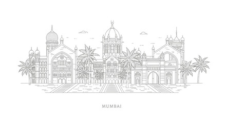 Obraz premium Mumbai Skyline Illustration, India Landmark Buildings, Palm Trees, Outline Art