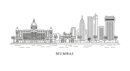 Naklejka premium Mumbai skyline drawing, iconic landmarks, India's financial capital, cityscape illustration