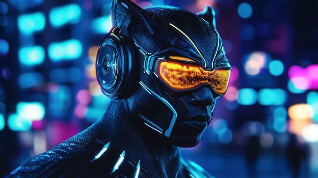 Futuristic person in cyberpunk helmet