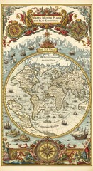 Fototapeta premium Vintage world map from the Age of Discovery with ornate illustrations, ships, and compass roses.