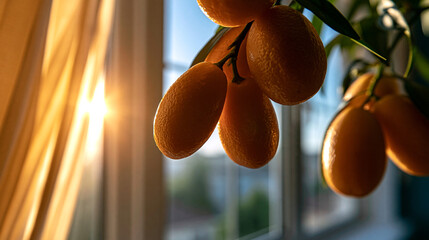 Fototapeta premium Fresh kumquat fruits hanging on tree near a sunlit window with sunlight