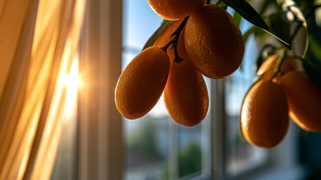 Fresh kumquat fruits hanging on tree near a sunlit window with sunlight