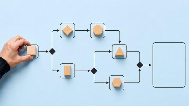 Hand placing a wooden square block into a flowchart diagram on a blue background. Concept of process automation and creative project management.