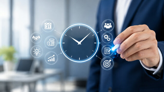 Businessman using a stylus on a glowing digital clock interface with connected icons. Concept of time management and professional productivity.