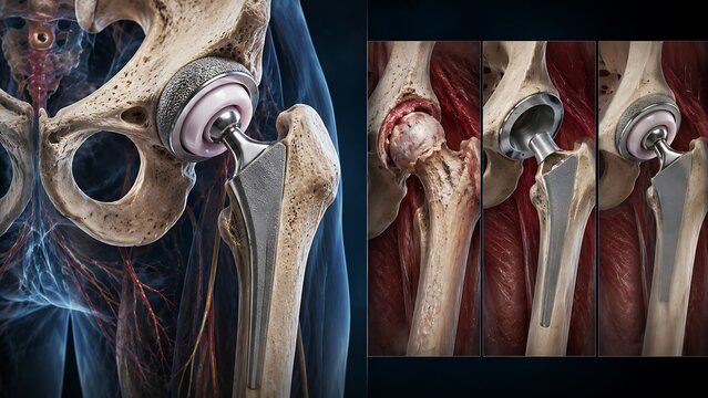 Total Hip Replacement Surgery with Prosthetic Hip Joint Implant in Human Pelvic and Femoral Anatomy, Hip Arthroplasty Procedure and Artificial Joint Reconstruction, Orthopedic Medical Illustration