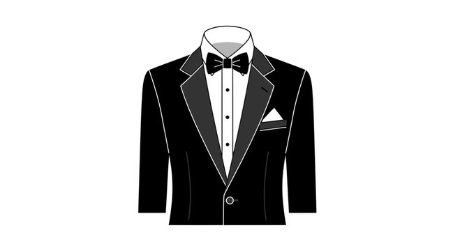 A black tuxedo with a bow tie is depicted in a flat vector illustration on a white background