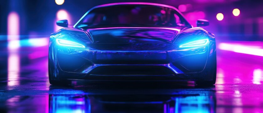 Electric car in neon lit city at night