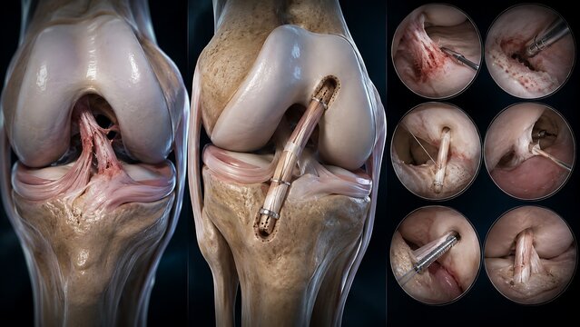 Anterior Cruciate Ligament Reconstruction Surgery in Human Knee Cross Section, ACL Tear Repair with Arthroscopic Surgical Instruments and Ligament Graft Placement, Orthopedic Medical Illustration