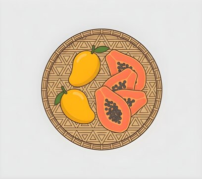 Top down flat design vector of woven rattan tray with simplified mango and papaya