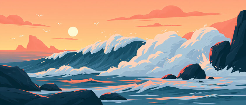 A beautiful ocean wave crashes against dark rocks on the shore during a peaceful golden sunset with birds flying in the warm sky