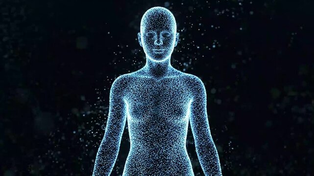 Futuristic Digital Human Body Silhouette Formed by Blue Glowing Particles