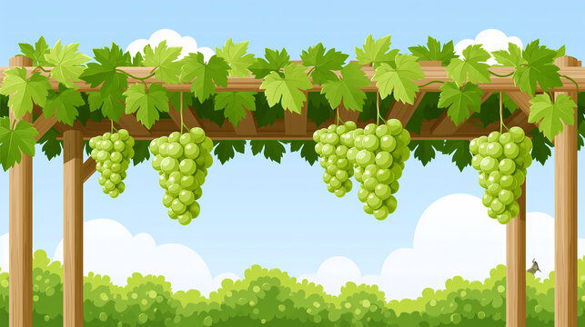 Fresh green grapes hang from a wooden pergola in a sunny vineyard during the summer season with a blue sky background