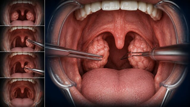 Tonsillectomy Surgery with Surgical Instruments in Human Throat Cross Section, Palatine Tonsil Removal and Oropharyngeal Anatomy, ENT Medical Illustration