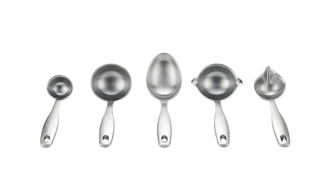 A set of five stainless steel measuring spoons of various sizes and shapes, arranged in a row against a white background.