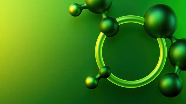 Green abstract molecular sphere ring composition with glossy chemical model on gradient background