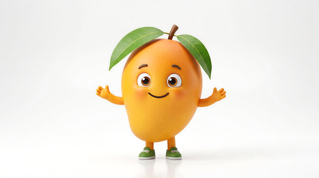 A cute 3D rendered mango character with a happy face waving against a clean white background.