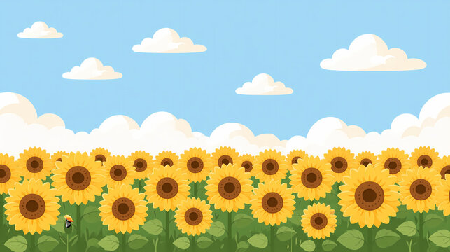 A beautiful field of bright yellow sunflowers grows under a clear blue summer sky with soft white clouds floating in the distance on a sunny day