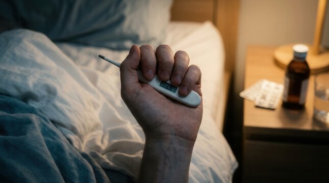 Person Holding Thermometer Checking Temperature While Sick In Bed