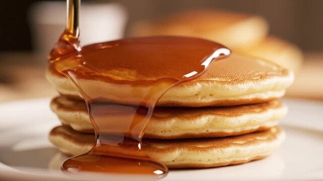 Delicious Stack of Pancakes Being Drizzled With Golden Syrup