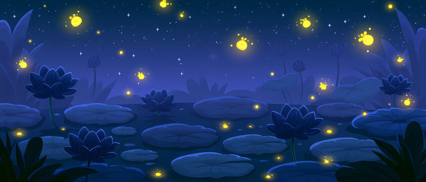 Bright fireflies fly over a calm pond with blooming lotus flowers and lily pads during a peaceful night in a magical forest setting