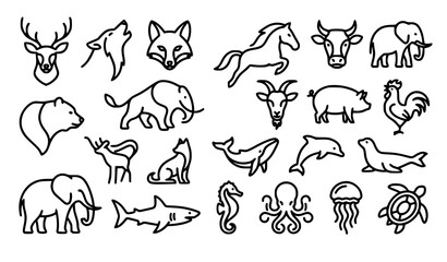 Obraz premium Minimalist Wildlife Farm and Marine Animal Outline Icons for Modern Branding