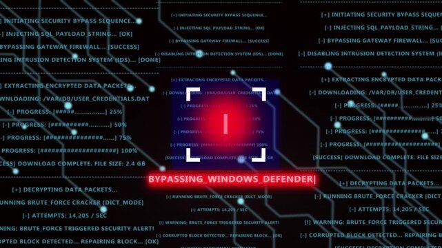 Cyber security breach alert featuring digital code manipulation and unauthorized system access warning with red warning and bypassing windows defender text overlay for advanced network threat