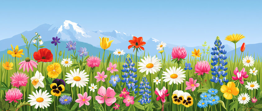 A beautiful spring meadow filled with colorful wildflowers and green grass growing under a clear blue sky with snow covered mountains in the distance