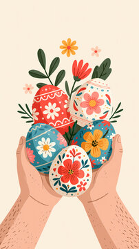 A pair of hands holds a collection of colorful decorative Easter eggs adorned with painted floral patterns and green leaves for a festive spring holiday celebration