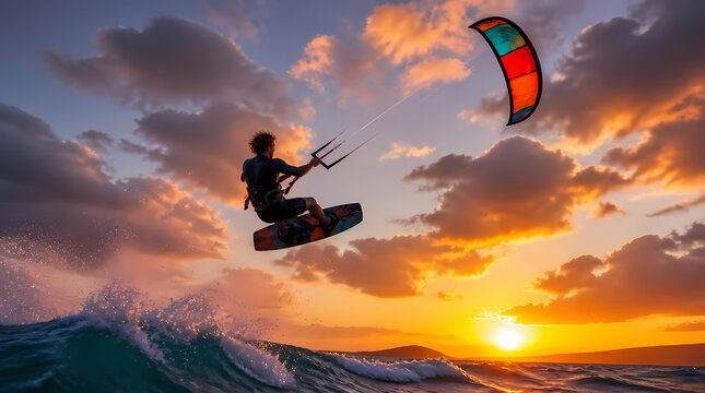 Kiteboarder soaring above ocean wave at sunset with colorful kite against dramatic cloud-filled sky