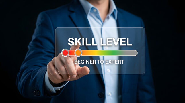 Professional businessman in a blue suit interacting with a digital interface displaying a skill level progress bar ranging from beginner to expert, with a slider on the red section featuring blazer