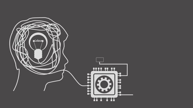 Artificial Intelligence hardware. Microchip with circuit. AI trading, machine learning technology. Human head with tangle of ideas inside. Business processes of idea analysis and realization.