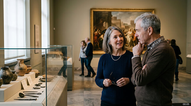 Elderly couple admiring artwork in a museum gallery.