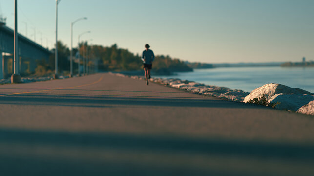 Runner paved path waterfront outdoor solitary motion exercise road shoreline morning