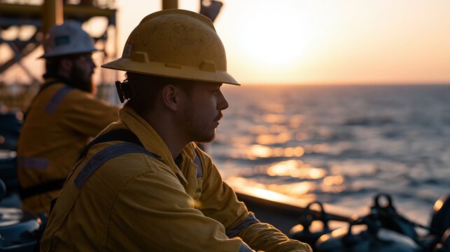 Offshore workers taking a break at sunset on production vessel