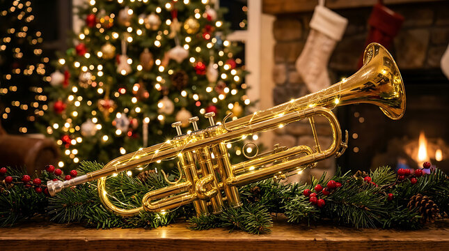 Golden trumpet on festive holiday display.
