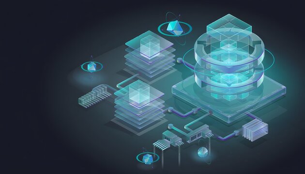 3D Isometric Concept of Blockchain Database Architecture, Cloud Server Node and Data Layer Stack