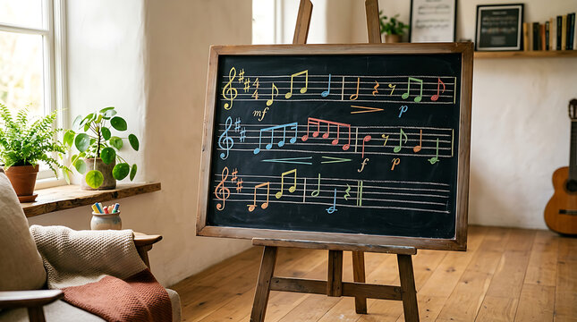 Handwritten musical notes on a chalkboard in a cozy room.