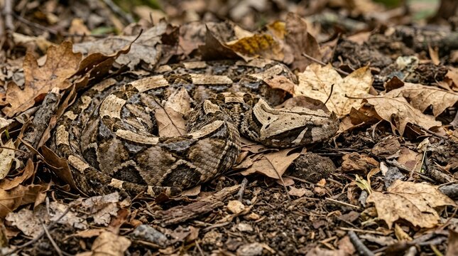 Camouflaged Viper Snake Coiled on Forest Floor Amidst Dry Leaves