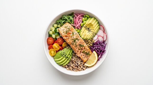 Healthy salmon poke bowl with fresh vegetables and avocado
